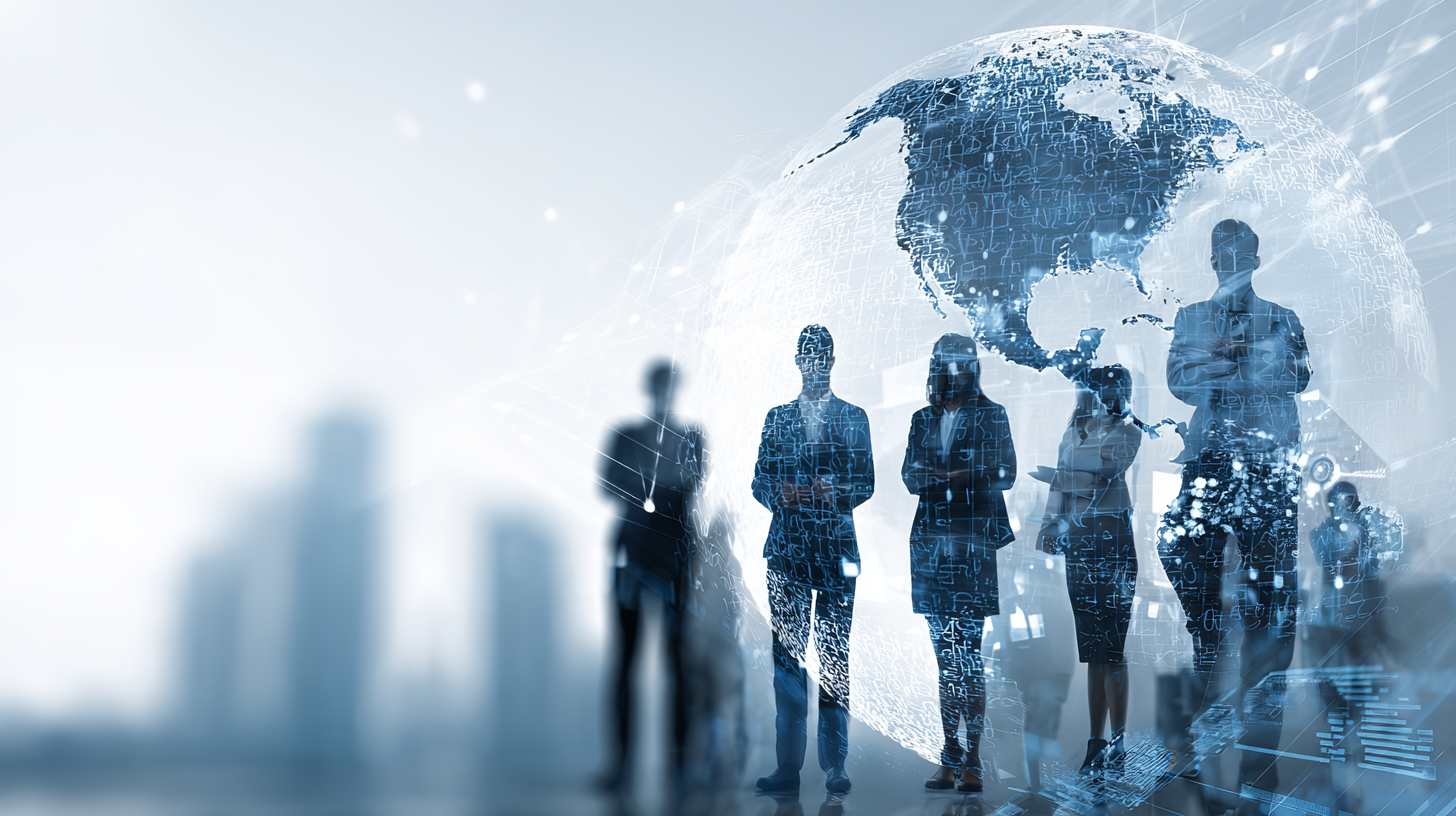 Diverse team with global digital network concept, success, international business, technology, teamwork, and futuristic connections for innovation with blurred city background. Devenir franchisser