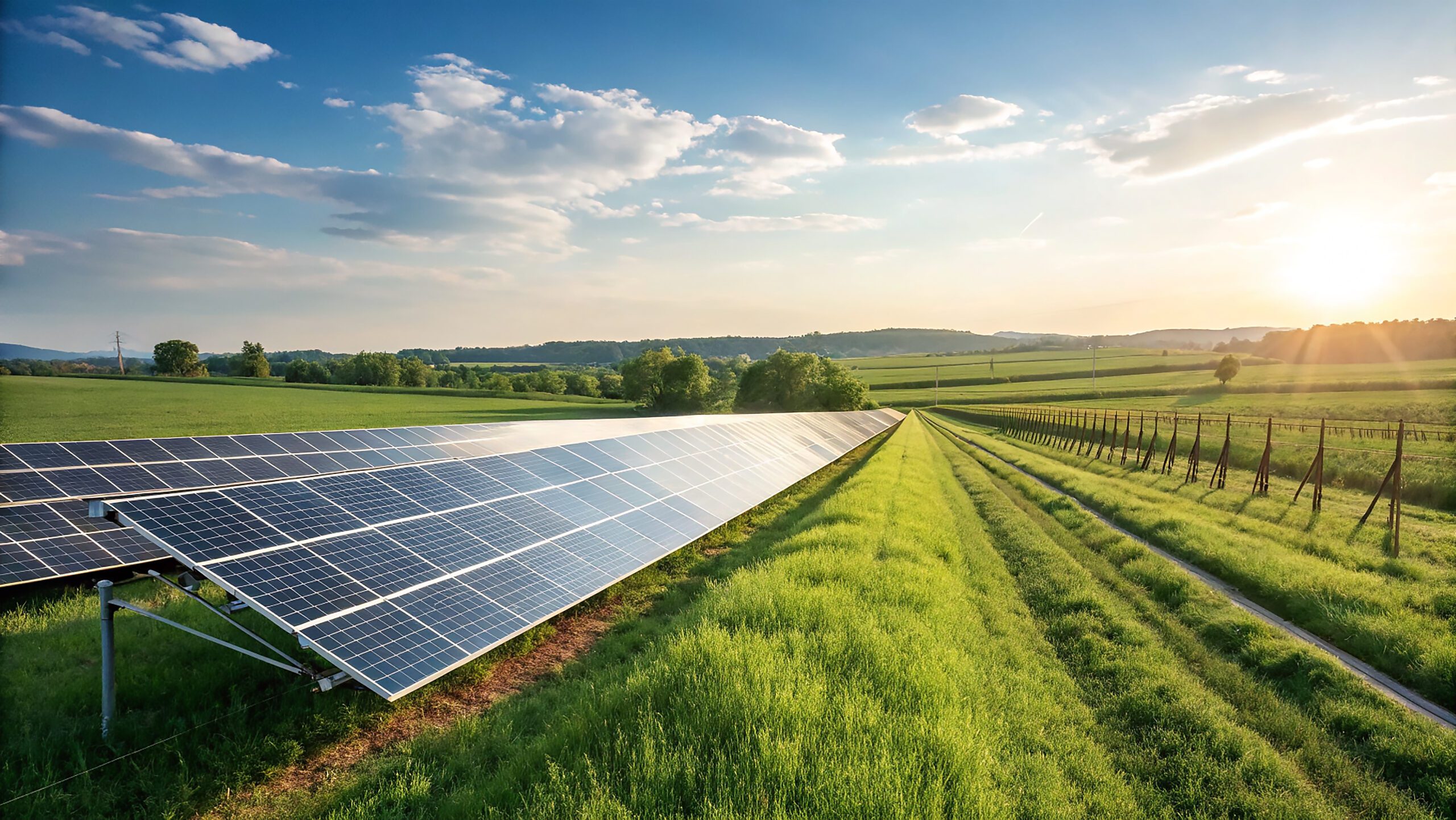 Solar panels gleam in a green field at sunset. Clean energy concept for presentations, posters, and branding. Homme d'affaires